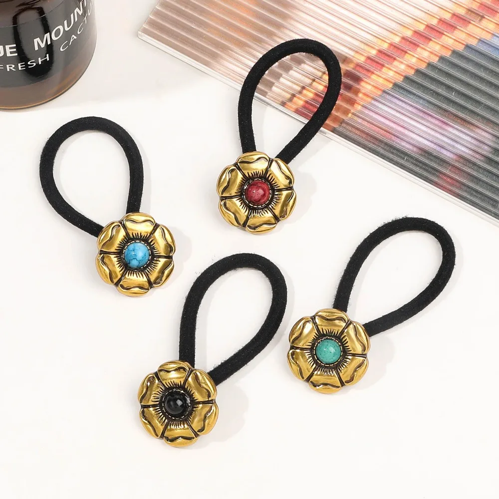 Boho Vintage Silvery Metal Hair Ties Ponytail Holder Ethnic Turquoise Black Elastic Bands Rope Scrunchie Women Hair Accessories