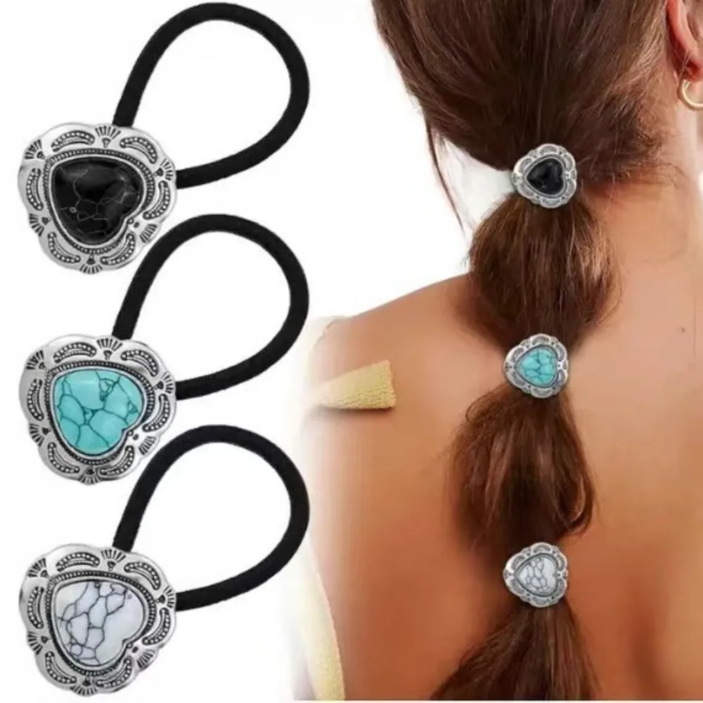 Boho Vintage Silvery Metal Hair Ties Ponytail Holder Ethnic Turquoise Black Elastic Bands Rope Scrunchie Women Hair Accessories