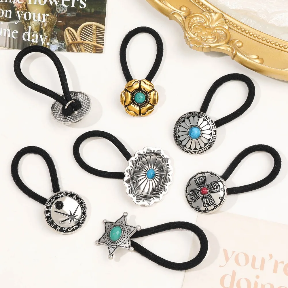 Boho Vintage Silvery Metal Hair Ties Ponytail Holder Ethnic Turquoise Black Elastic Bands Rope Scrunchie Women Hair Accessories