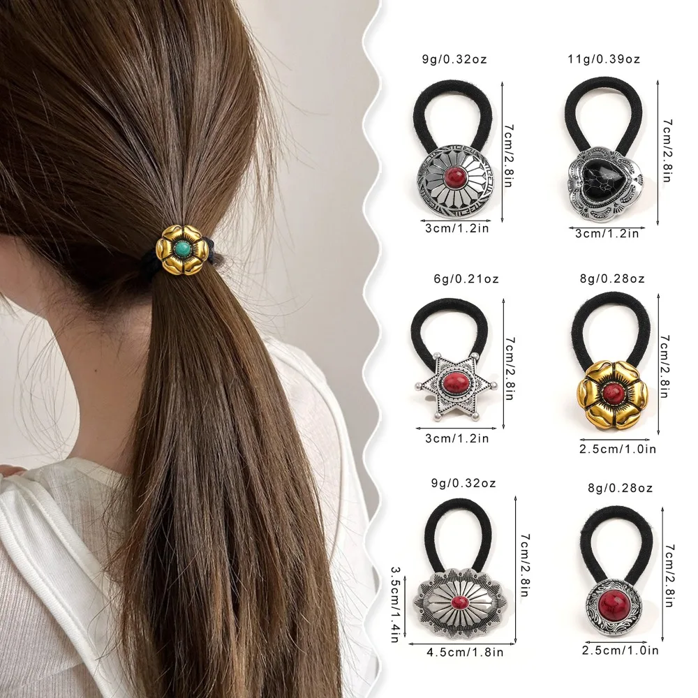 Boho Vintage Silvery Metal Hair Ties Ponytail Holder Ethnic Turquoise Black Elastic Bands Rope Scrunchie Women Hair Accessories