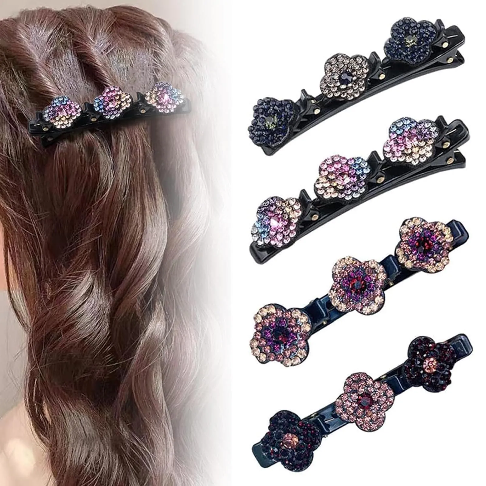 4pcs New Korean Style Hairpin Side Clip Flower Rhinestones Sweet And Girl Lovely Bangs Hairpin Elastic Duckbill Clip.