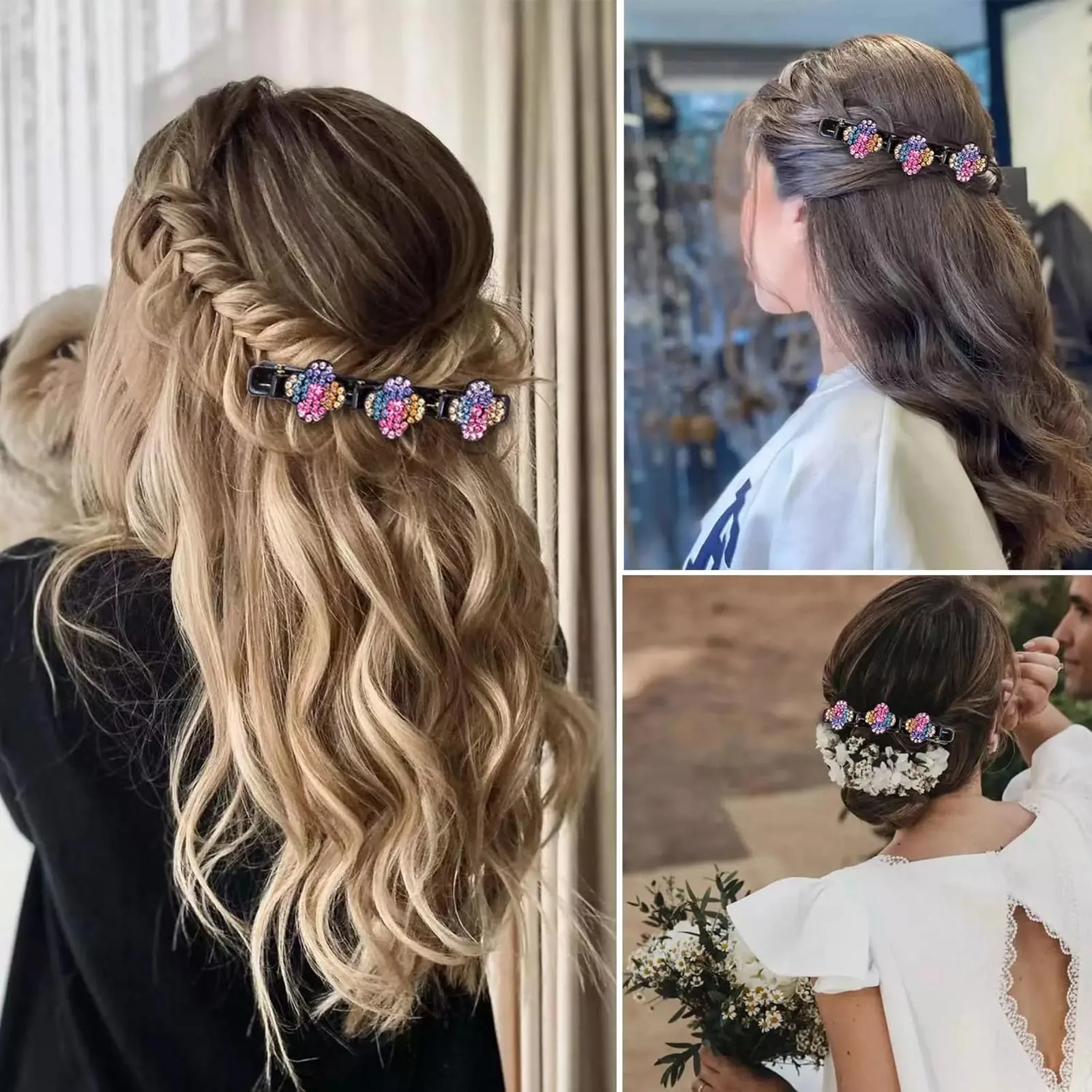 4pcs New Korean Style Hairpin Side Clip Flower Rhinestones Sweet And Girl Lovely Bangs Hairpin Elastic Duckbill Clip.