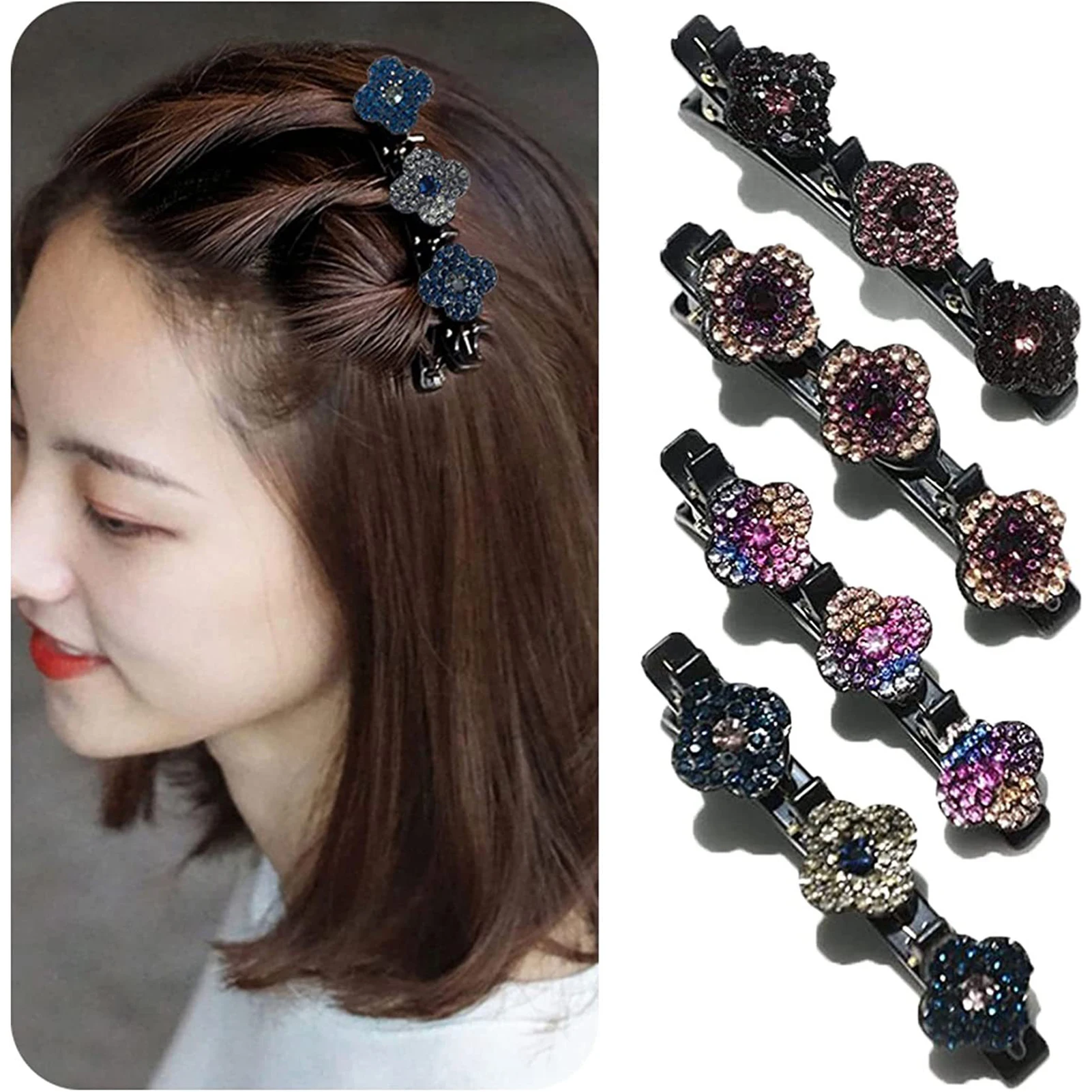 4pcs New Korean Style Hairpin Side Clip Flower Rhinestones Sweet And Girl Lovely Bangs Hairpin Elastic Duckbill Clip.