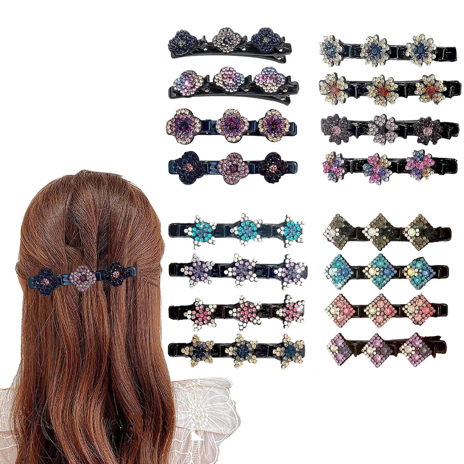 4pcs New Korean Style Hairpin Side Clip Flower Rhinestones Sweet And Girl Lovely Bangs Hairpin Elastic Duckbill Clip.