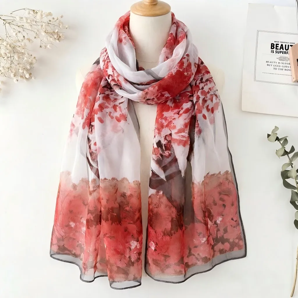 160x50cm Autumn Birch Forest Scarf Women Artistic Oil Painting Print Soft Georgette Shawl Long Neck Wrap Nature Scenery Sunscree