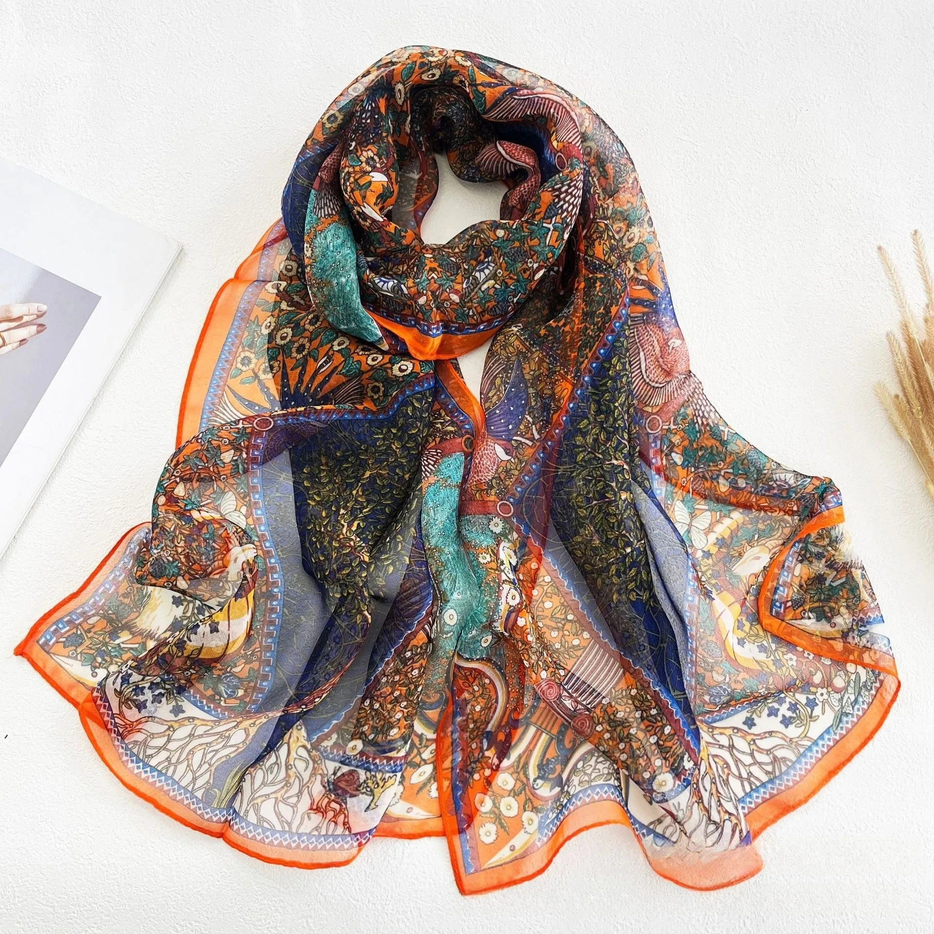 160x50cm Autumn Birch Forest Scarf Women Artistic Oil Painting Print Soft Georgette Shawl Long Neck Wrap Nature Scenery Sunscree