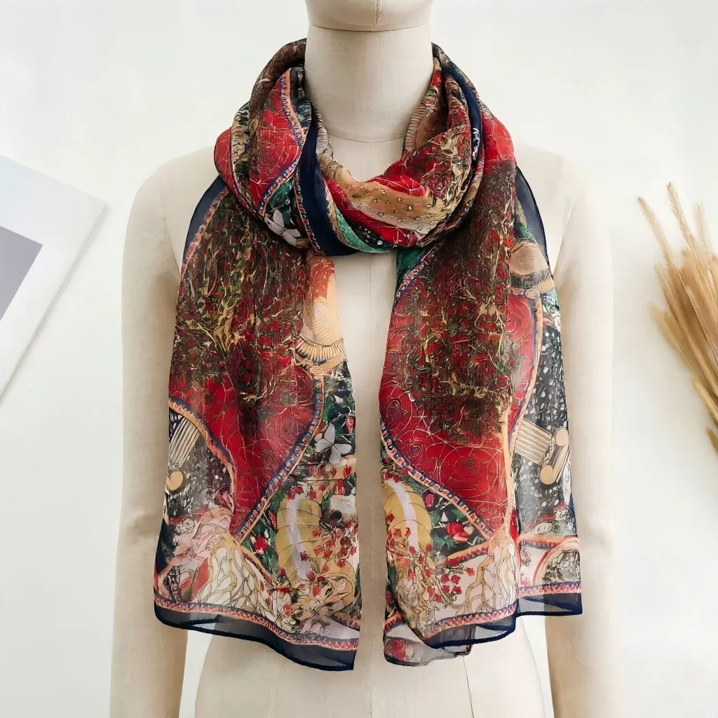 160x50cm Autumn Birch Forest Scarf Women Artistic Oil Painting Print Soft Georgette Shawl Long Neck Wrap Nature Scenery Sunscree