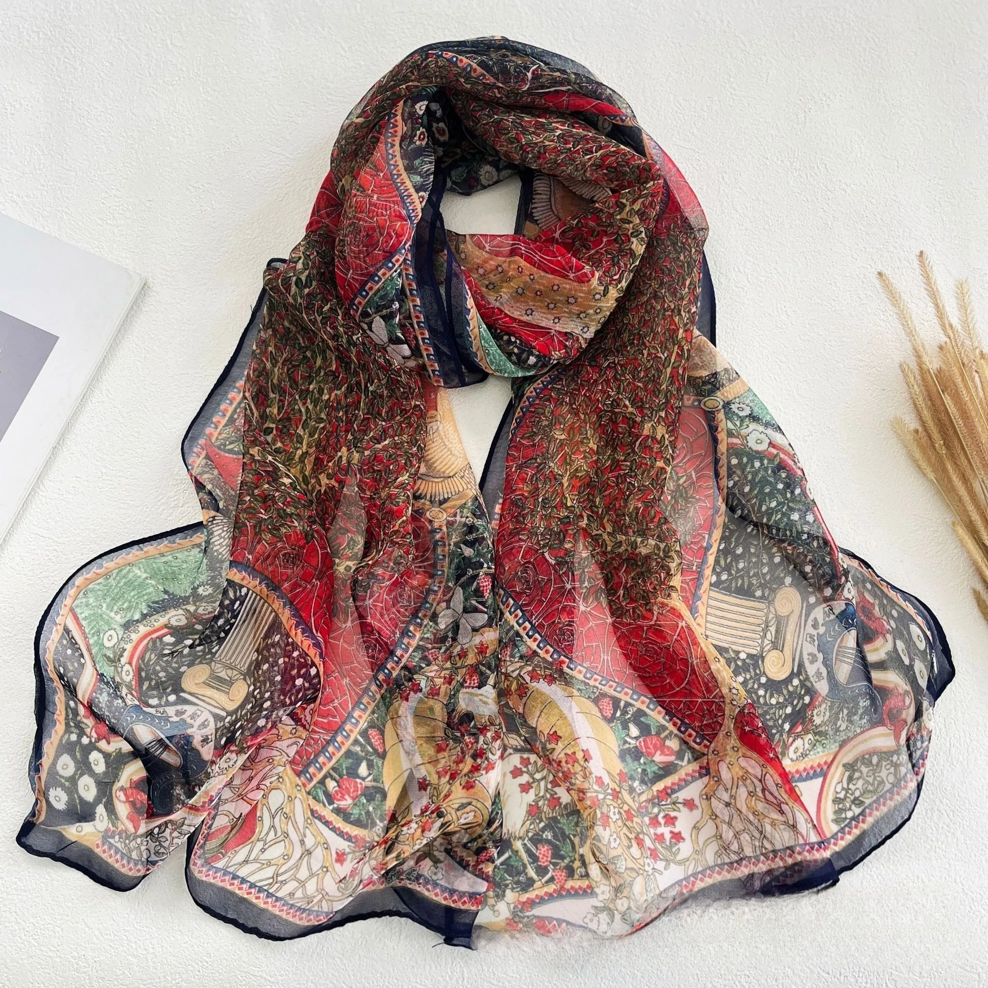 160x50cm Autumn Birch Forest Scarf Women Artistic Oil Painting Print Soft Georgette Shawl Long Neck Wrap Nature Scenery Sunscree