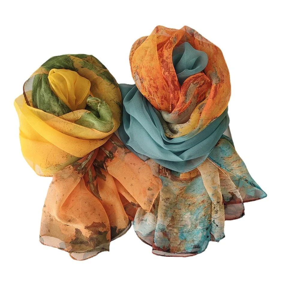 160x50cm Autumn Birch Forest Scarf Women Artistic Oil Painting Print Soft Georgette Shawl Long Neck Wrap Nature Scenery Sunscree