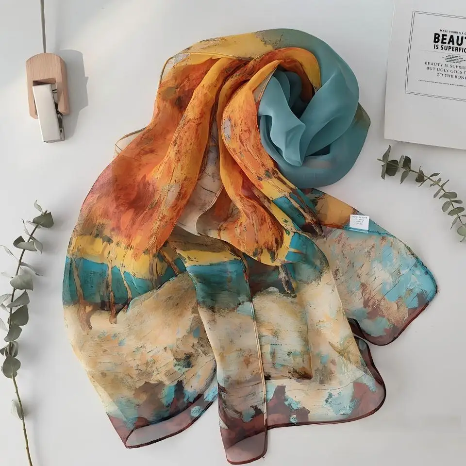 160x50cm Autumn Birch Forest Scarf Women Artistic Oil Painting Print Soft Georgette Shawl Long Neck Wrap Nature Scenery Sunscree