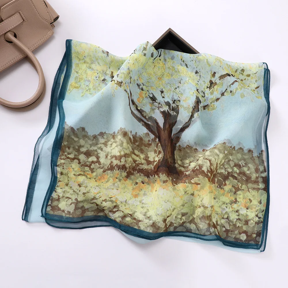 160x50cm Autumn Birch Forest Scarf Women Artistic Oil Painting Print Soft Georgette Shawl Long Neck Wrap Nature Scenery Sunscree