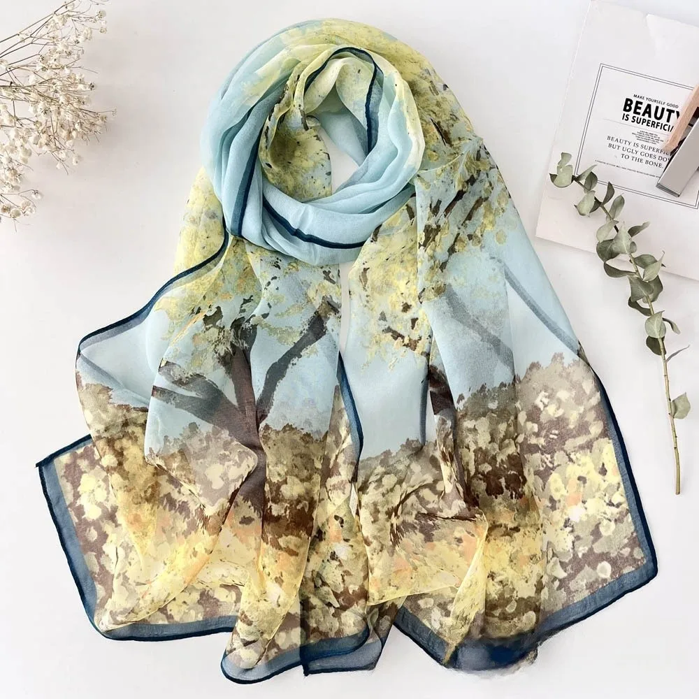 160x50cm Autumn Birch Forest Scarf Women Artistic Oil Painting Print Soft Georgette Shawl Long Neck Wrap Nature Scenery Sunscree