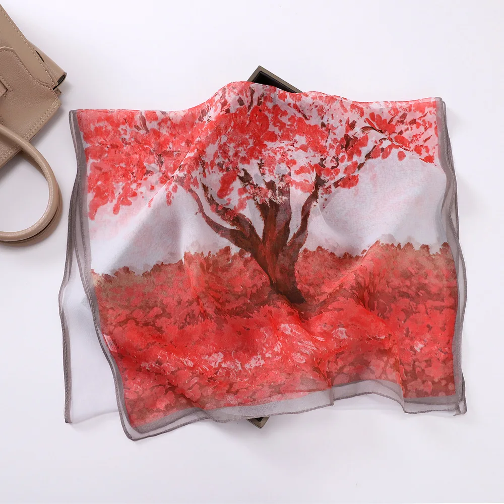160x50cm Autumn Birch Forest Scarf Women Artistic Oil Painting Print Soft Georgette Shawl Long Neck Wrap Nature Scenery Sunscree