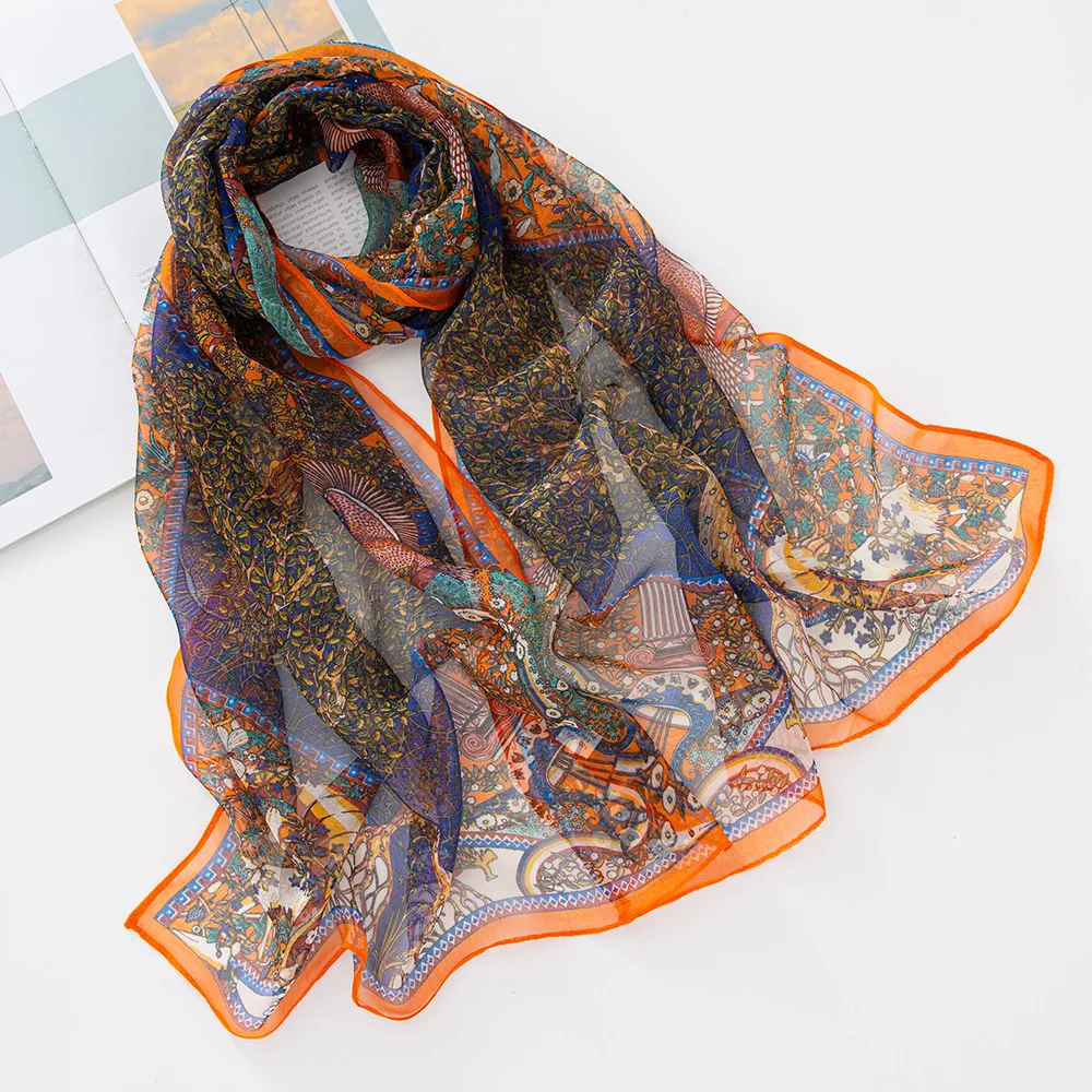 160x50cm Autumn Birch Forest Scarf Women Artistic Oil Painting Print Soft Georgette Shawl Long Neck Wrap Nature Scenery Sunscree