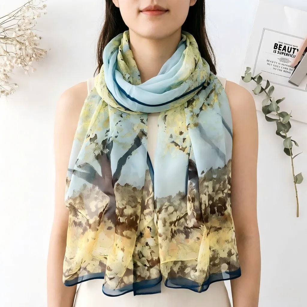 160x50cm Autumn Birch Forest Scarf Women Artistic Oil Painting Print Soft Georgette Shawl Long Neck Wrap Nature Scenery Sunscree