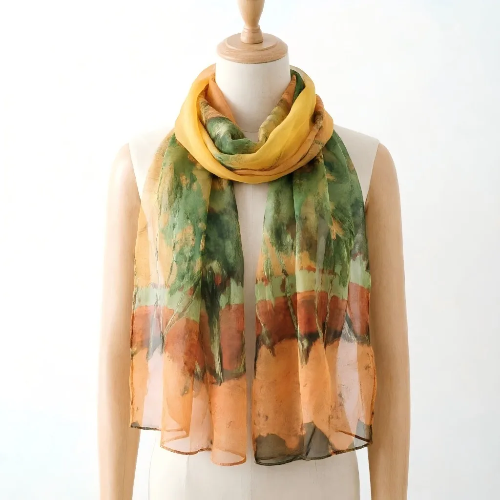 160x50cm Autumn Birch Forest Scarf Women Artistic Oil Painting Print Soft Georgette Shawl Long Neck Wrap Nature Scenery Sunscree