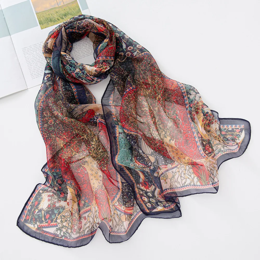 160x50cm Autumn Birch Forest Scarf Women Artistic Oil Painting Print Soft Georgette Shawl Long Neck Wrap Nature Scenery Sunscree