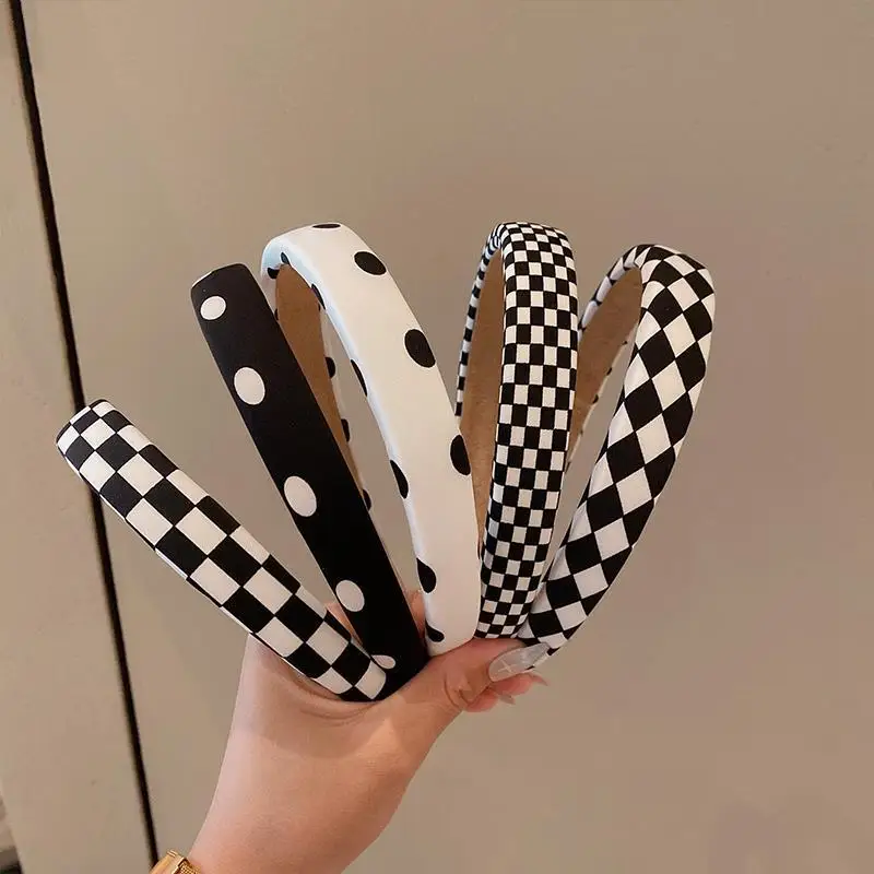 1pc Retro Black and White Grid Chessboard Hairband for Women, Thin Sponge Hair Clip, French High Forehead Headpiece for Autumn