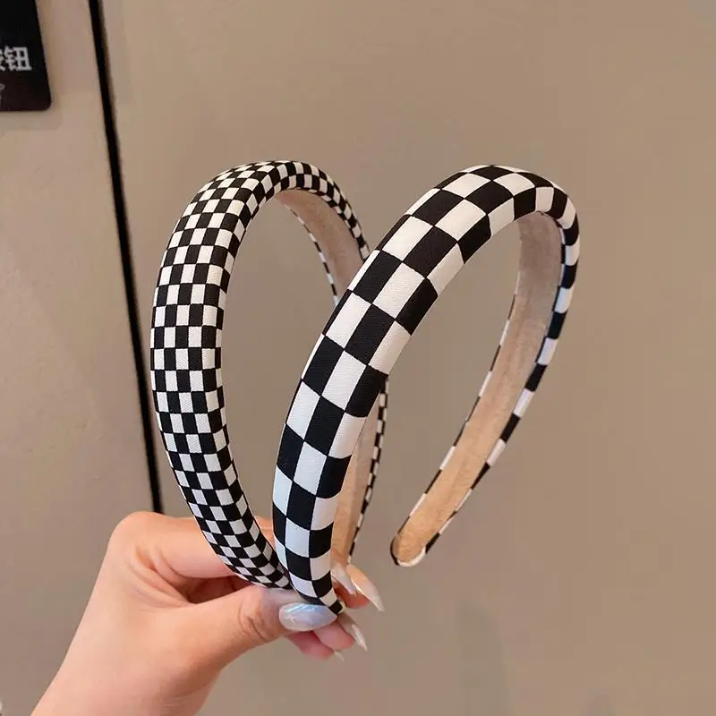 1pc Retro Black and White Grid Chessboard Hairband for Women, Thin Sponge Hair Clip, French High Forehead Headpiece for Autumn