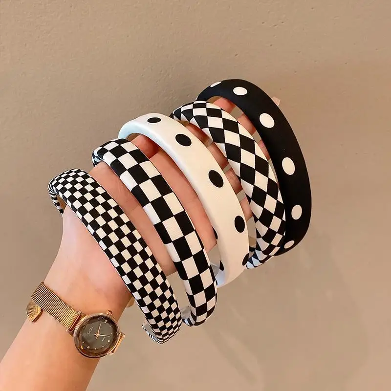 1pc Retro Black and White Grid Chessboard Hairband for Women, Thin Sponge Hair Clip, French High Forehead Headpiece for Autumn