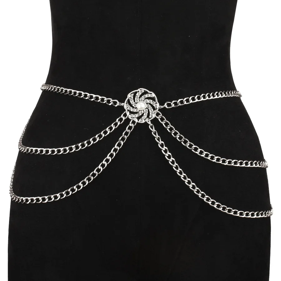Versatile Multi-Layer Disc Inlaid with Diamond Pearl Waist Chain New Style Tunic Decorative Metal Belt for Women