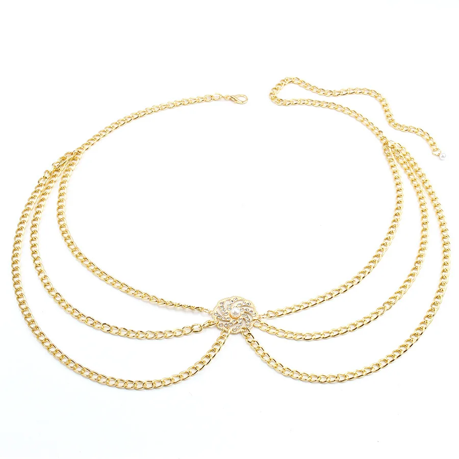 Versatile Multi-Layer Disc Inlaid with Diamond Pearl Waist Chain New Style Tunic Decorative Metal Belt for Women