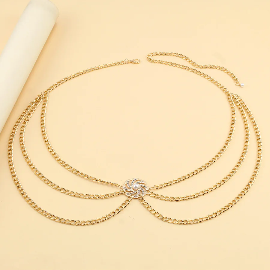 Versatile Multi-Layer Disc Inlaid with Diamond Pearl Waist Chain New Style Tunic Decorative Metal Belt for Women