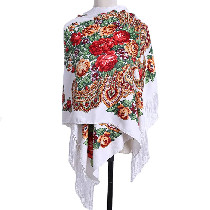Women Luxury Floral Printed Russian Scarf Ukrainian Fringed Scarves Babushka Handkerchief Head Wraps Travel Shawl
