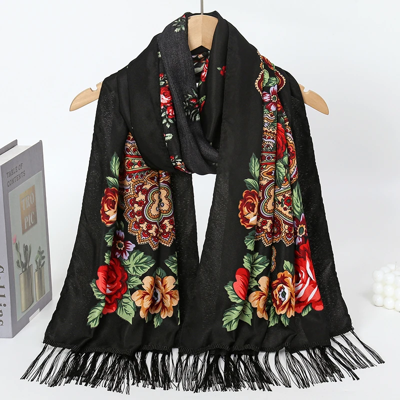Women Luxury Floral Printed Russian Scarf Ukrainian Fringed Scarves Babushka Handkerchief Head Wraps Travel Shawl