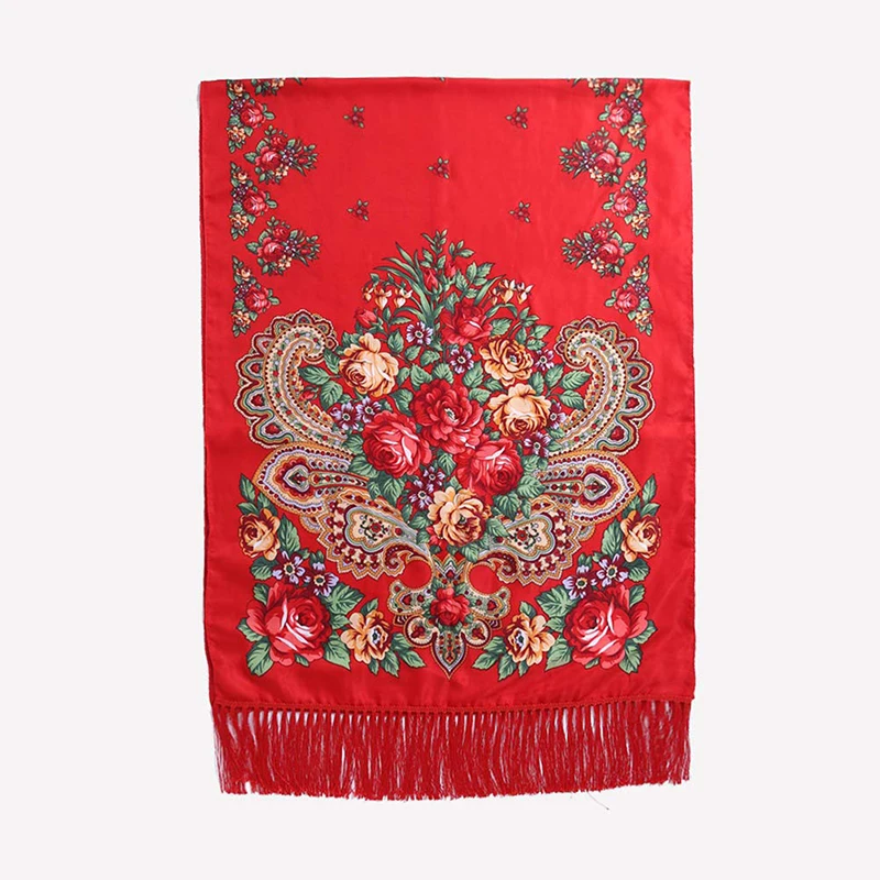 Women Luxury Floral Printed Russian Scarf Ukrainian Fringed Scarves Babushka Handkerchief Head Wraps Travel Shawl