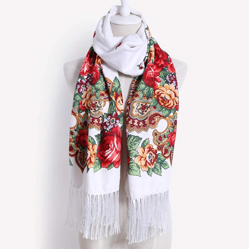 Women Luxury Floral Printed Russian Scarf Ukrainian Fringed Scarves Babushka Handkerchief Head Wraps Travel Shawl