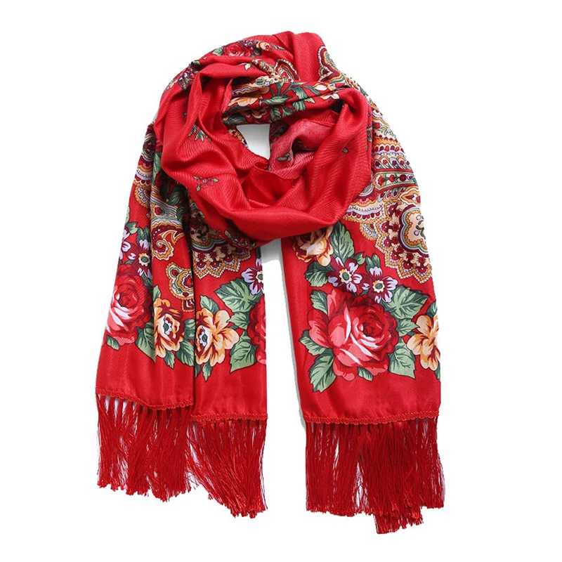 Women Luxury Floral Printed Russian Scarf Ukrainian Fringed Scarves Babushka Handkerchief Head Wraps Travel Shawl