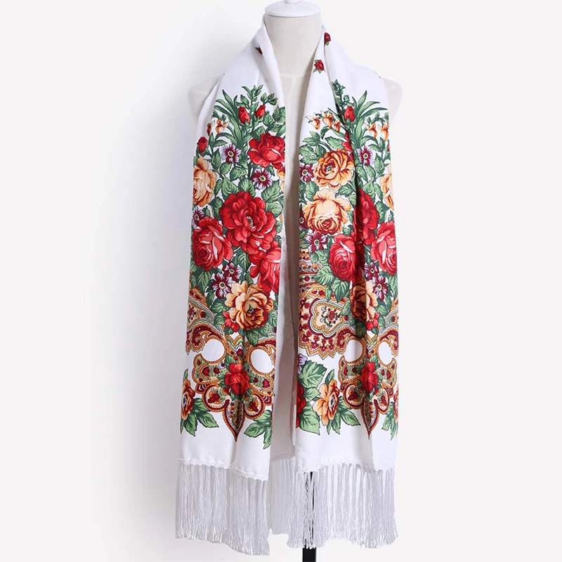 Women Luxury Floral Printed Russian Scarf Ukrainian Fringed Scarves Babushka Handkerchief Head Wraps Travel Shawl