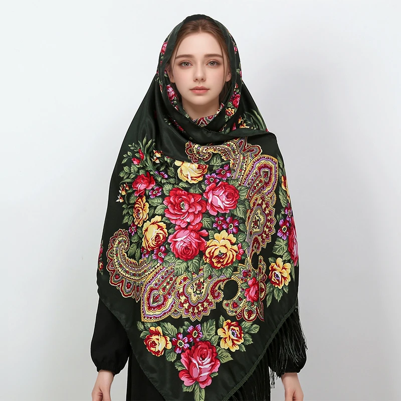 Women Luxury Floral Printed Russian Scarf Ukrainian Fringed Scarves Babushka Handkerchief Head Wraps Travel Shawl