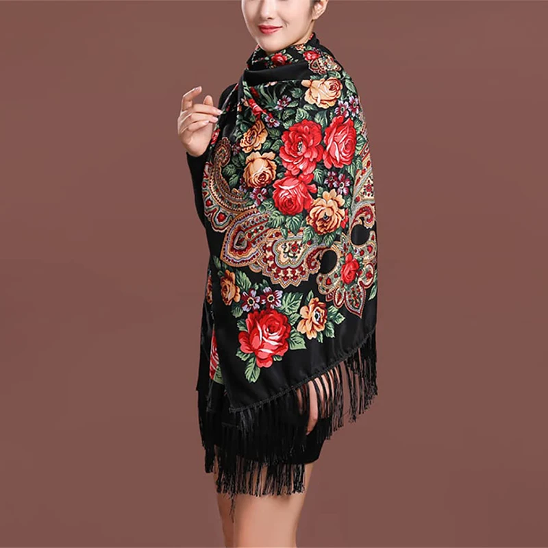 Women Luxury Floral Printed Russian Scarf Ukrainian Fringed Scarves Babushka Handkerchief Head Wraps Travel Shawl