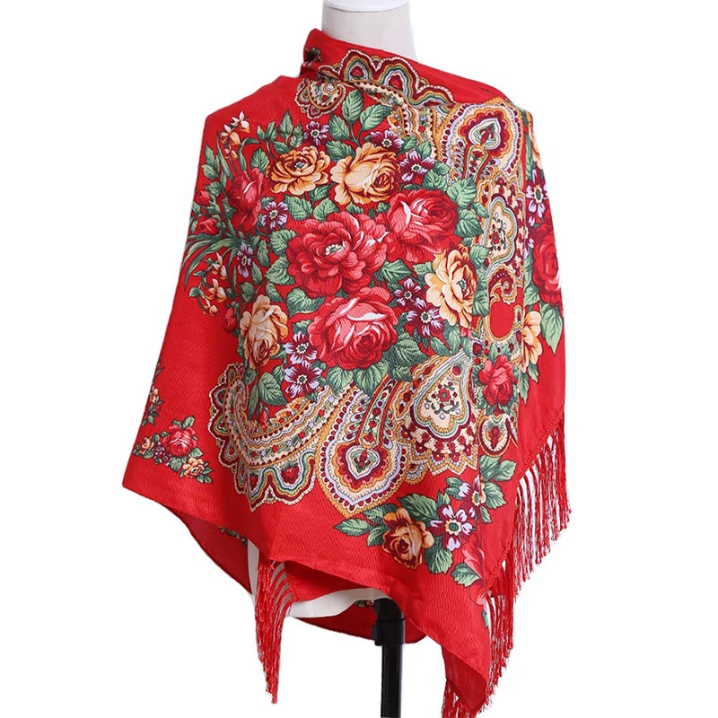 Women Luxury Floral Printed Russian Scarf Ukrainian Fringed Scarves Babushka Handkerchief Head Wraps Travel Shawl
