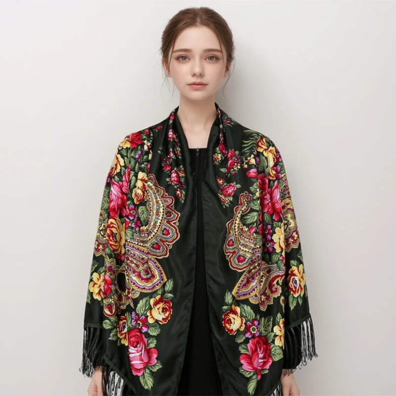 Women Luxury Floral Printed Russian Scarf Ukrainian Fringed Scarves Babushka Handkerchief Head Wraps Travel Shawl