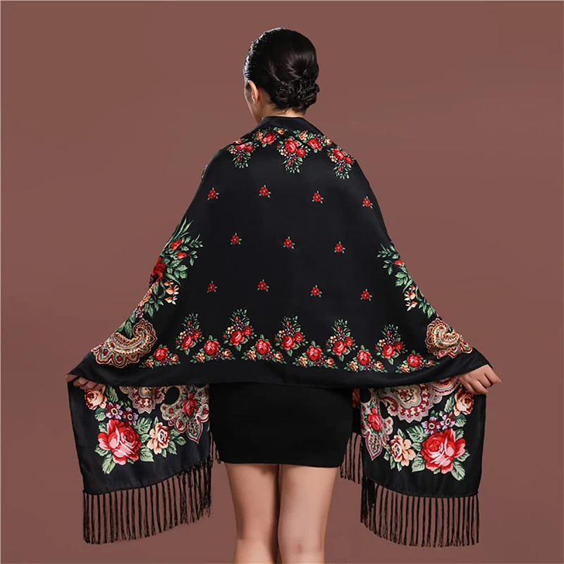 Women Luxury Floral Printed Russian Scarf Ukrainian Fringed Scarves Babushka Handkerchief Head Wraps Travel Shawl