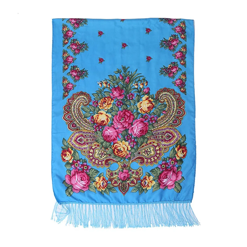 Women Luxury Floral Printed Russian Scarf Ukrainian Fringed Scarves Babushka Handkerchief Head Wraps Travel Shawl