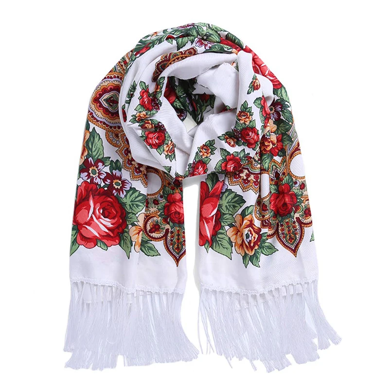 Women Luxury Floral Printed Russian Scarf Ukrainian Fringed Scarves Babushka Handkerchief Head Wraps Travel Shawl