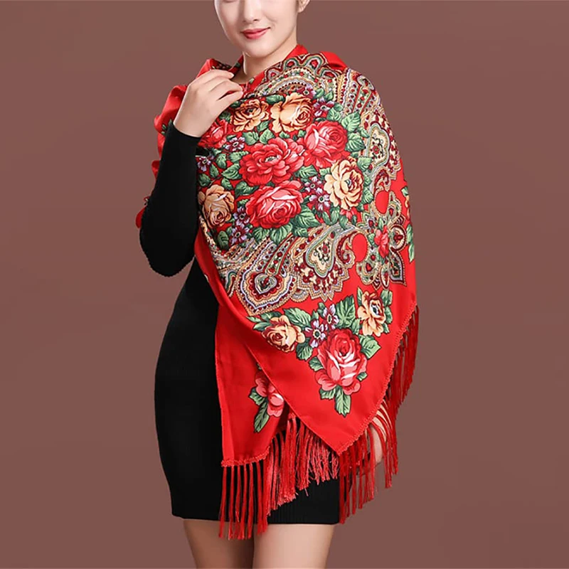 Women Luxury Floral Printed Russian Scarf Ukrainian Fringed Scarves Babushka Handkerchief Head Wraps Travel Shawl