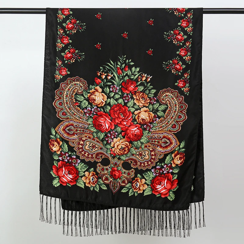 Women Luxury Floral Printed Russian Scarf Ukrainian Fringed Scarves Babushka Handkerchief Head Wraps Travel Shawl