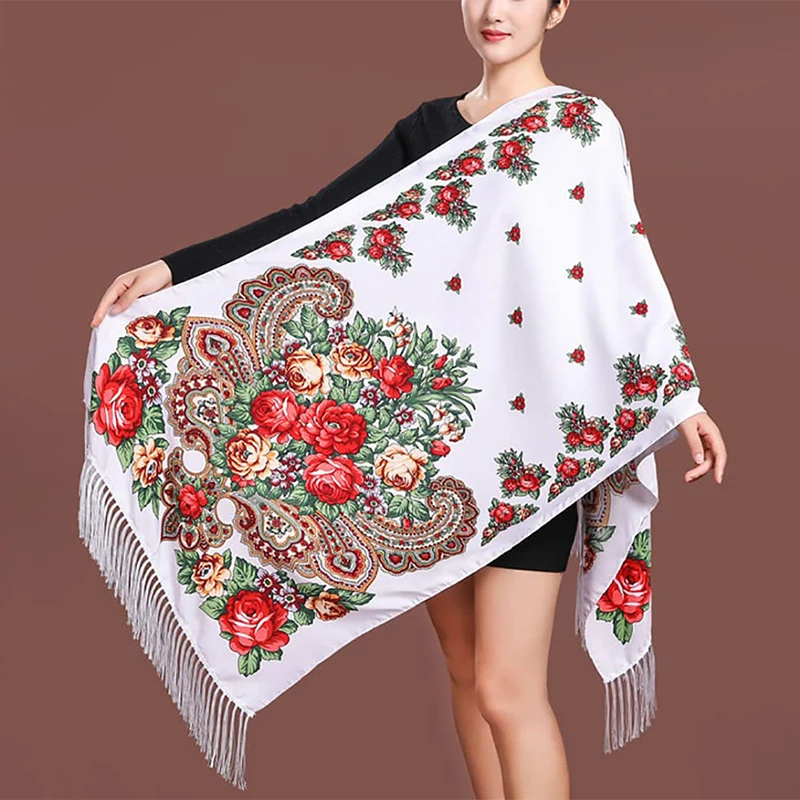 Women Luxury Floral Printed Russian Scarf Ukrainian Fringed Scarves Babushka Handkerchief Head Wraps Travel Shawl