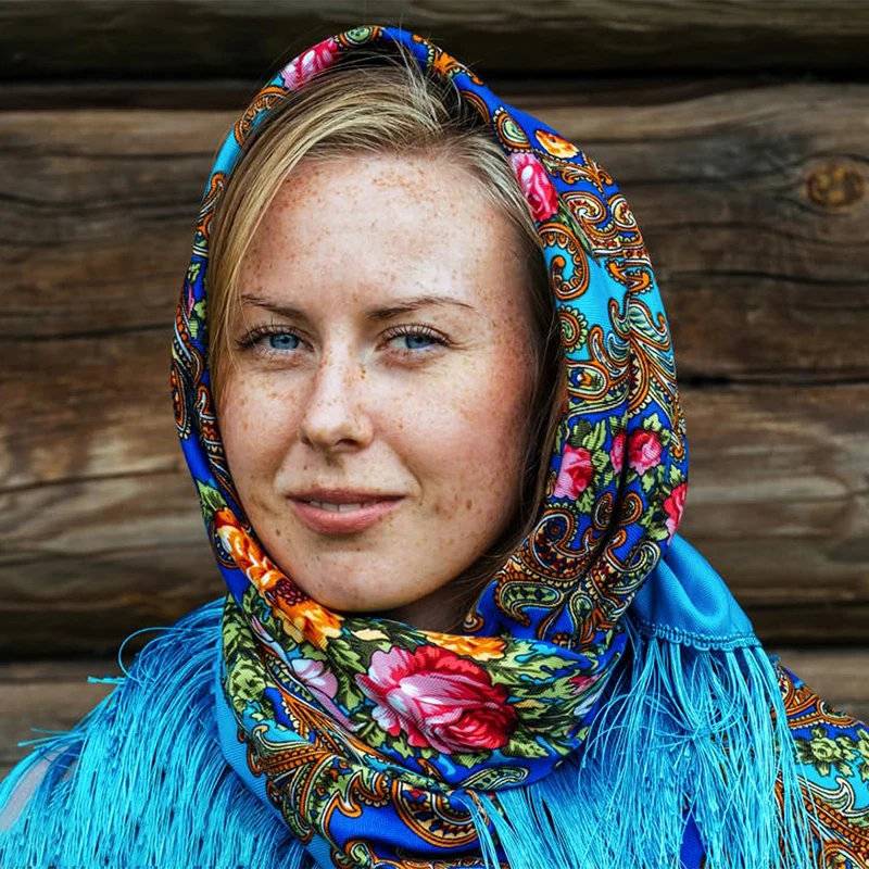 Women Luxury Floral Printed Russian Scarf Ukrainian Fringed Scarves Babushka Handkerchief Head Wraps Travel Shawl