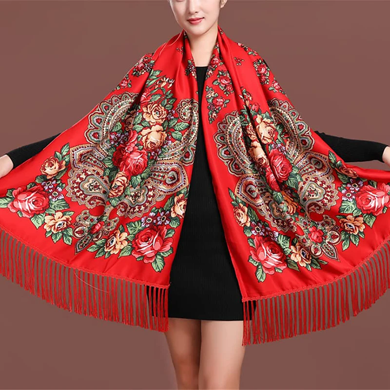 Women Luxury Floral Printed Russian Scarf Ukrainian Fringed Scarves Babushka Handkerchief Head Wraps Travel Shawl