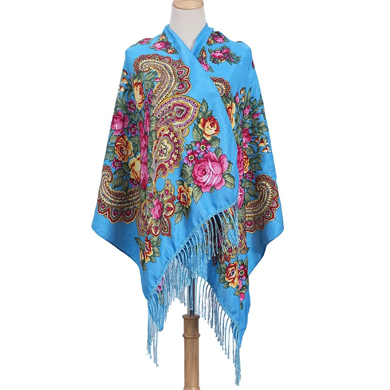 Women Luxury Floral Printed Russian Scarf Ukrainian Fringed Scarves Babushka Handkerchief Head Wraps Travel Shawl