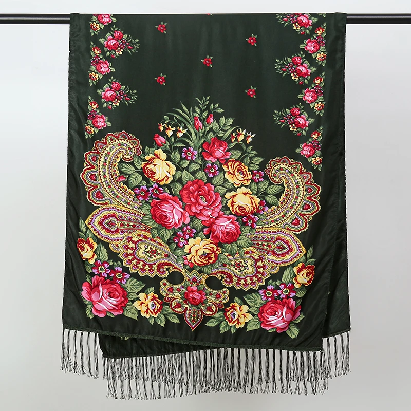 Women Luxury Floral Printed Russian Scarf Ukrainian Fringed Scarves Babushka Handkerchief Head Wraps Travel Shawl