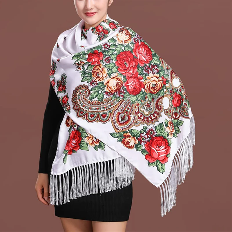 Women Luxury Floral Printed Russian Scarf Ukrainian Fringed Scarves Babushka Handkerchief Head Wraps Travel Shawl