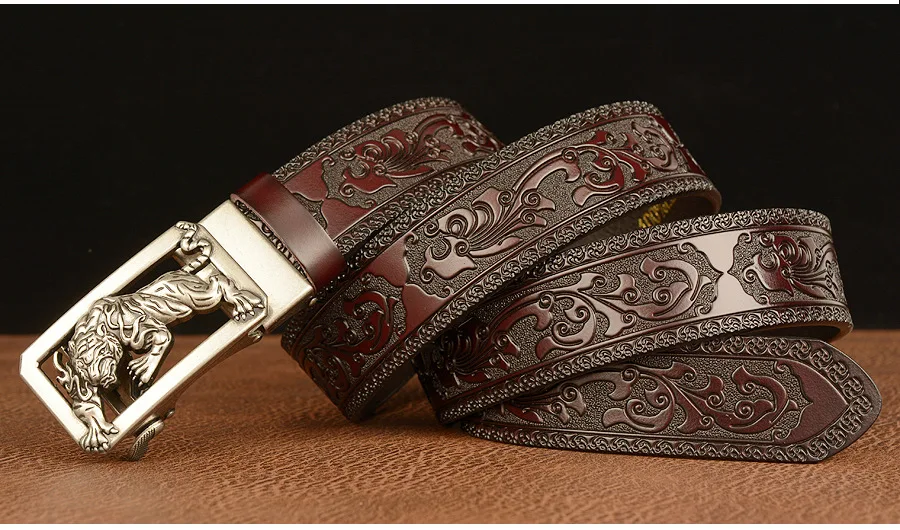 New Men Genuine Leather Belt Luxury Gold Tiger Metal Automatic Buckle Cowhide Belts for Men Jeans Waistband Male Strap