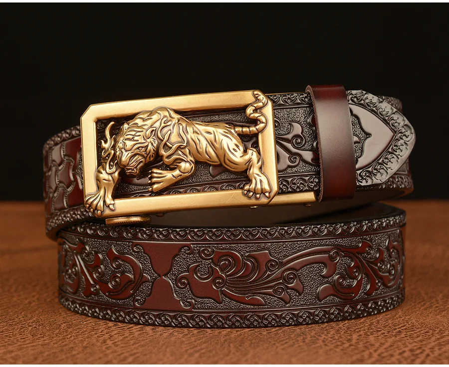 New Men Genuine Leather Belt Luxury Gold Tiger Metal Automatic Buckle Cowhide Belts for Men Jeans Waistband Male Strap